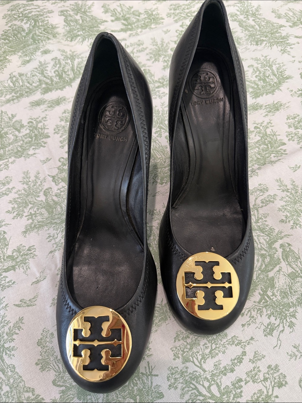 Tory Burch Black Sophie Leather Wedge Pumps with Gold Logo Medallion